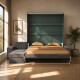 SMARTBett wall bed M3 (depth 55cm) vertical 180x200 stone green incl. L-shaped corner sofa anthracite Armrests 26cm with drawers