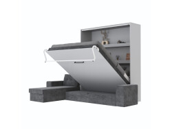 SMARTBett Schrankbett M3 (Tiefe 55cm) Vertikal 160x200 Perlgrau inkl. L-Ecksofa Anthrazit Armlehnen 26cm mit Klappdeckel
