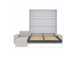 SMARTBett Schrankbett M3 (Tiefe 55cm) Vertikal 160x200 Weiss inkl. L-Ecksofa Sandgrau Armlehnen 26cm mit Klappdeckel Perlgrau
