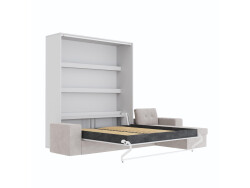 SMARTBett Schrankbett M3 (Tiefe 55cm) Vertikal 160x200 Weiss inkl. L-Ecksofa Sandgrau Armlehnen 26cm mit Klappdeckel Perlgrau