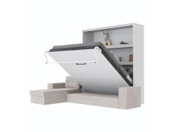 SMARTBett Schrankbett M3 (Tiefe 55cm) Vertikal 160x200 Weiss inkl. L-Ecksofa Sandgrau Armlehnen 26cm mit Klappdeckel Perlgrau