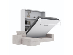 SMARTBett Schrankbett M3 (Tiefe 55cm) Vertikal 160x200 Weiss inkl. L-Ecksofa Sandgrau Armlehnen 26cm mit Klappdeckel Perlgrau