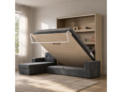 SMARTBett Schrankbett M3 (Tiefe 55cm) Vertikal 160x200 Kaiserberg Eiche inkl. L-Ecksofa Anthrazit Armlehnen 26cm mit Klappdeckel