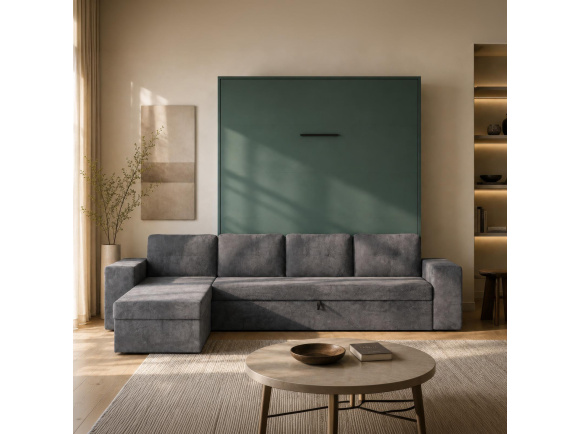 SMARTBett wall bed M3 (depth 55cm) vertical 160x200 stone green incl. L-shaped corner sofa anthracite