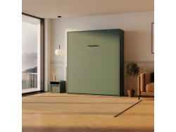 SMARTBett Murphy bed M3 (depth 55cm) vertical 160x200 stone green incl. L-shaped corner sofa anthracite Armrests 26cm with hinged lid