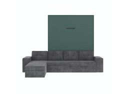 SMARTBett Murphy bed M3 (depth 55cm) vertical 160x200 stone green incl. L-shaped corner sofa anthracite Armrests 26cm with hinged lid