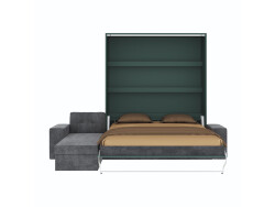 SMARTBett Murphy bed M3 (depth 55cm) vertical 160x200 stone green incl. L-shaped corner sofa anthracite Armrests 26cm with hinged lid