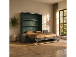 SMARTBett Murphy bed M3 (depth 55cm) vertical 160x200 stone green incl. L-shaped corner sofa anthracite Armrests 26cm with hinged lid