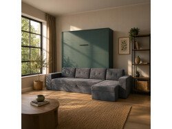 SMARTBett Murphy bed M3 (depth 55cm) vertical 160x200 stone green incl. L-shaped corner sofa anthracite Armrests 26cm with hinged lid