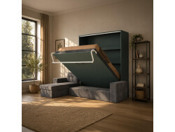 SMARTBett Murphy bed M3 (depth 55cm) vertical 160x200 stone green incl. L-shaped corner sofa anthracite Armrests 26cm with hinged lid