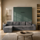 SMARTBett wall bed M3 (depth 55cm) vertical 160x200 stone green incl. L-shaped corner sofa anthracite