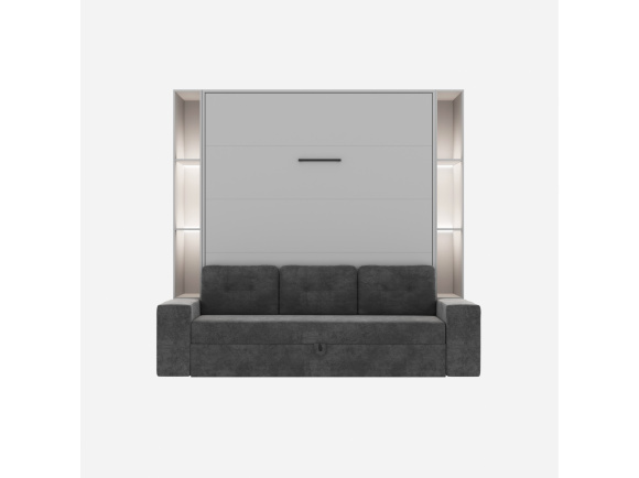 SMARTBett SET Schrankbett M3 160x200 (Tiefe 55cm) Vertikal inkl. 2 x LED Regale STA.2.0021 Perlgrau inkl.SOFA Anthrazit