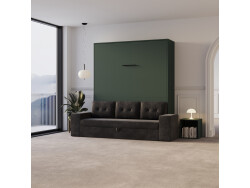 SMARTBett SET Murphy bed M3 140x200 (depth 55cm) vertical + 2x LED shelves STA.2.0021 STONE GREEN incl. sofa anthracite Armrests 26 cm