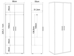 SMARTBett Schrank STA.0026 M2/M3 (55 cm Tiefe) – 2-türiger Kleiderschrank, 90 cm breit Perlgrau