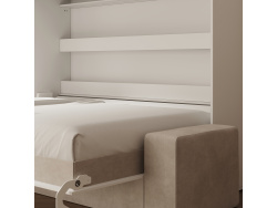 SMARTBett 140x200 Wall Bed Horizontal M2 (Depth 55cm) WHITE incl. SOFA sand gray 26 cm armrests with drawers