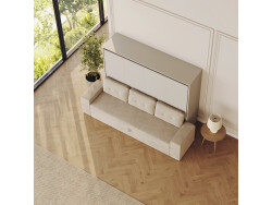 SMARTBett 140x200 Wall Bed Horizontal M2 (Depth 55cm) Pearl  Grey withl. SOFA sand gray Armrests 26 cm with storage