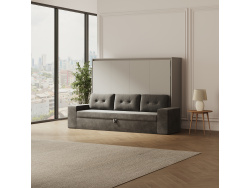 SMARTBett 140x200 Wall Bed Horizontal M2 (Depth 55cm) Pearl  Grey withl. SOFA Anthracite Armrests 26 cm with storage