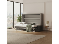 SMARTBett 140x200 Wall Bed Horizontal M2 (Depth 55cm) Pearl  Grey withl. SOFA Anthracite Armrests 26 cm with storage