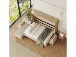 SMARTBett Schrankbett 140x200 Horizontal M2 (Tiefe 55cm) Kaiserberg Eiche mit Ecksofa Sandgrau