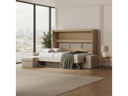 SMARTBett Schrankbett 140x200 Horizontal M2 (Tiefe 55cm) Kaiserberg Eiche mit Ecksofa Sandgrau
