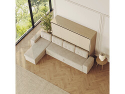 SMARTBett Schrankbett 140x200 Horizontal M2 (Tiefe 55cm) Kaiserberg Eiche mit Ecksofa Sandgrau