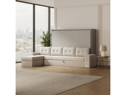 SMARTBett Murphy Bed 140x200 Horizontal M2 (Depth 55cm) Pearl grey with Corner Sofa Sand grey Armrests with storage 26 cm