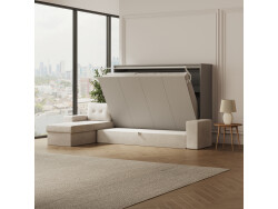 SMARTBett Murphy Bed 140x200 Horizontal M2 (Depth 55cm) Pearl grey with Corner Sofa Sand grey Armrests with storage 26 cm