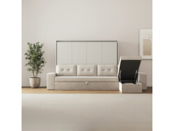 SMARTBett Murphy Bed 140x200 Horizontal M2 (Depth 55cm) Pearl grey with Corner Sofa Sand grey Armrests with storage 26 cm