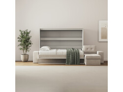 SMARTBett Murphy Bed 140x200 Horizontal M2 (Depth 55cm) Pearl grey with Corner Sofa Sand grey Armrests with storage 26 cm