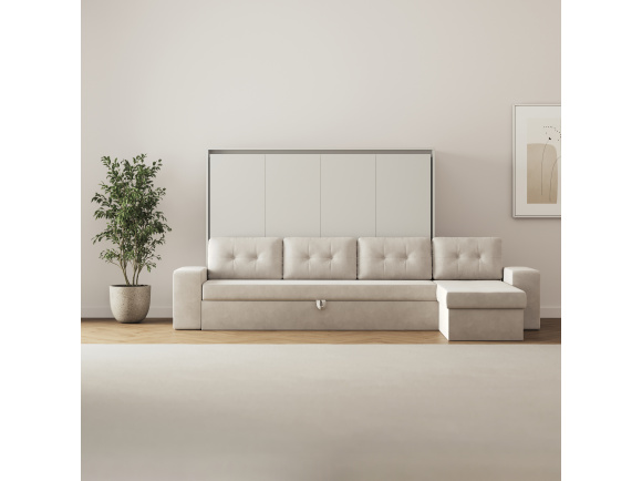SMARTBett Murphy Bed 140x200 Horizontal M2 (Depth 55cm) Pearl grey with Corner Sofa Sand grey