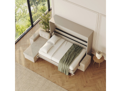 SMARTBett Murphy Bed 140x200 Horizontal M2 (Depth 55cm) Pearl grey with Corner Sofa Sand grey