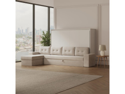 SMARTBett Murphy Bed 140x200 Horizontal M2 (Depth 55cm) White with Corner Sofa Sand grey
