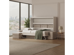 SMARTBett Murphy Bed 140x200 Horizontal M2 (Depth 55cm) White with Corner Sofa Sand grey