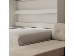 SMARTBett Murphy Bed 140x200 Horizontal M2 (Depth 55cm) White with Corner Sofa Sand grey