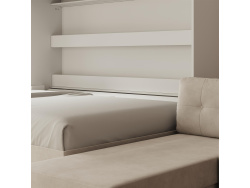 SMARTBett Schrankbett 140x200 Horizontal M2 (Tiefe 55cm) White mit Ecksofa Sandgrau