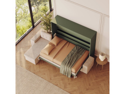 SMARTBett Murphy Bed 140x200 Horizontal M2 (Depth 55cm) Stone Green with Corner Sofa Sand grey
