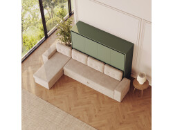 SMARTBett Schrankbett 140x200 Horizontal M2 (Tiefe 55cm) Steingrün mit Ecksofa Sandgrau