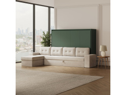 SMARTBett Schrankbett 140x200 Horizontal M2 (Tiefe 55cm) Steingrün mit Ecksofa Sandgrau