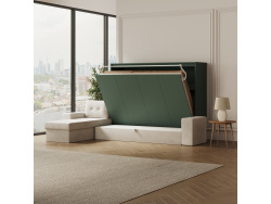 SMARTBett Schrankbett 140x200 Horizontal M2 (Tiefe 55cm) Steingrün mit Ecksofa Sandgrau