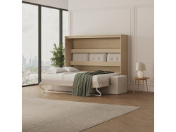 SMARTBett 160x200 Schrankbett Horizontal M2 (Tiefe 55cm) Kaiserbereg Eiche inkl.SOFA Sandgrau Armlehnen 26 cm mit Stauraum