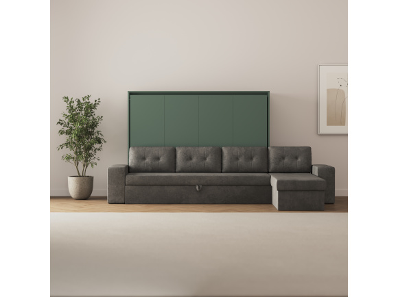 SMARTBett Schrankbett 160x200 Horizontal M2 (Tiefe 55cm) Steingrün mit Ecksofa Anthrazit