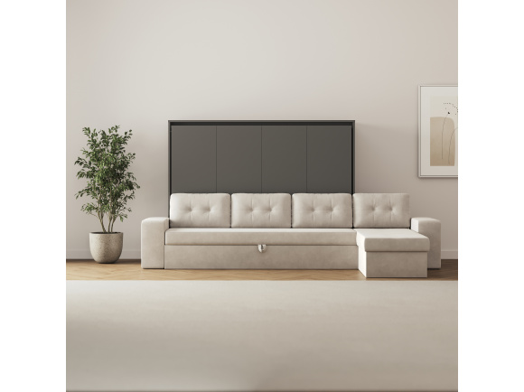SMARTBett Murphy Bed 160x200 Horizontal M2 Anthracite (Depth 55cm)  with Corner Sofa Sand  Grey