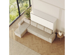 SMARTBett Schrankbett mit Ecksofa Sandgrau 160x200 Horizontal M2 (Tiefe 55cm) Weiss