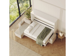 SMARTBett Schrankbett mit Ecksofa Sandgrau 160x200 Horizontal M2 (Tiefe 55cm) Weiss