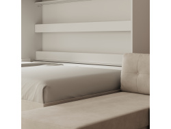 SMARTBett Schrankbett mit Ecksofa Sandgrau 160x200 Horizontal M2 (Tiefe 55cm) Weiss