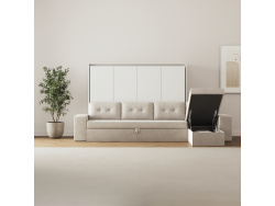 SMARTBett Schrankbett mit Ecksofa Sandgrau 160x200 Horizontal M2 (Tiefe 55cm) Weiss