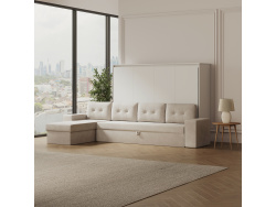 SMARTBett Schrankbett mit Ecksofa Sandgrau 160x200 Horizontal M2 (Tiefe 55cm) Weiss