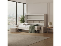 SMARTBett Schrankbett mit Ecksofa Sandgrau 160x200 Horizontal M2 (Tiefe 55cm) Weiss