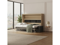 SMARTBett 140x200 Murphy Bed Horizontal M2 (Depth 55cm) Kayserberg Oak incl. SOFA Sand grey